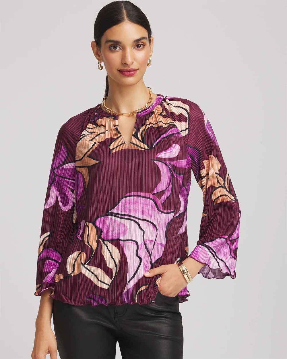 Printed Pleated V-Neck Tee | Chico's